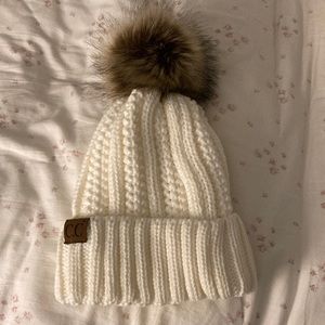CC cream fleece Pom beanie
